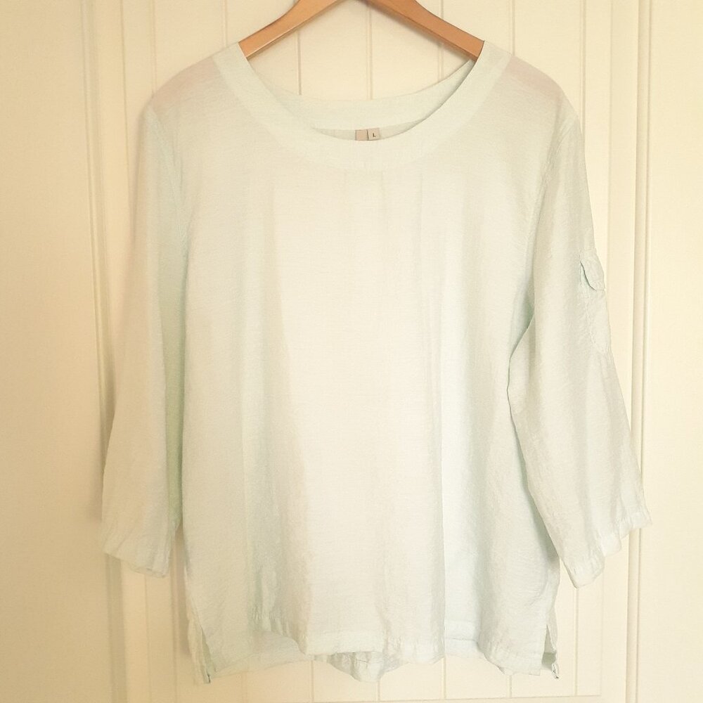 Focus 3/4 Sleeve Flax Blend Round Neck Top Green Size L